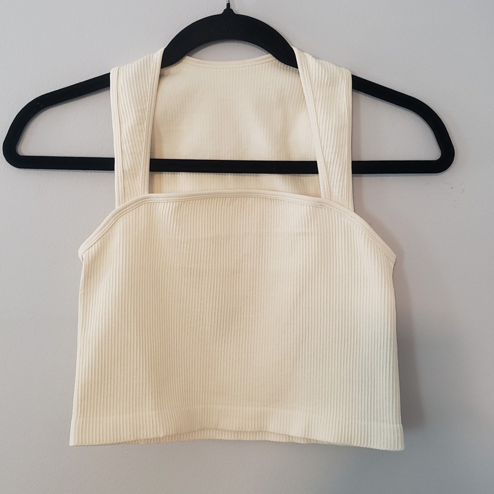 OQQ Square Neck Ribbed Cropped Tank Top MEDIUM‎ Athleisure Stretch Layer Ivory